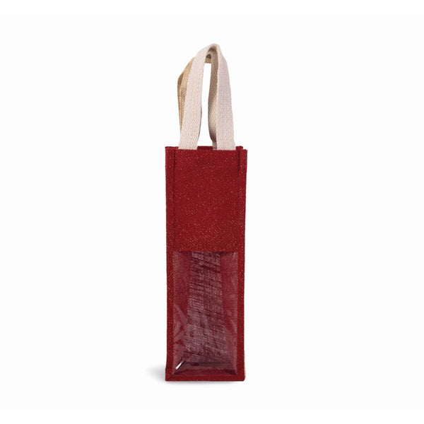 Sac à vin en jute rouge cerise/or avec impression logo (330 g/m², 12×10×36 cm)