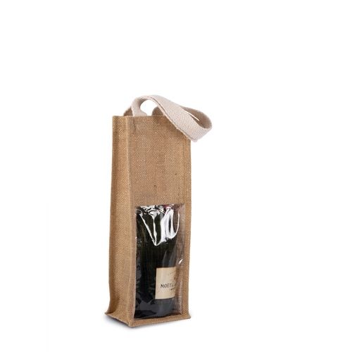 Sac à vin en jute naturel/or avec impression logo (330 g/m², 12×10×36 cm)