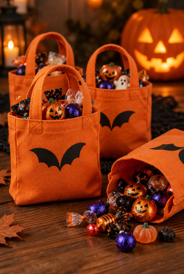 Oranssit puuvillaiset minikassit mustalla lepakkopainatuksella, täynnä Halloween-karkkeja