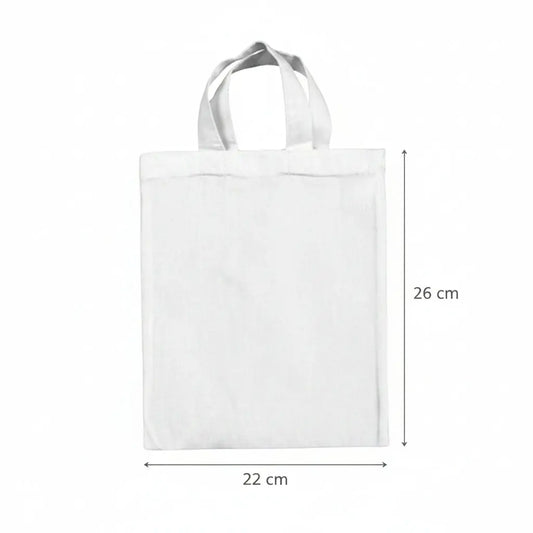 White small cotton tote bag with custom print, 22 × 26 cm, shown with height and width measurement markings