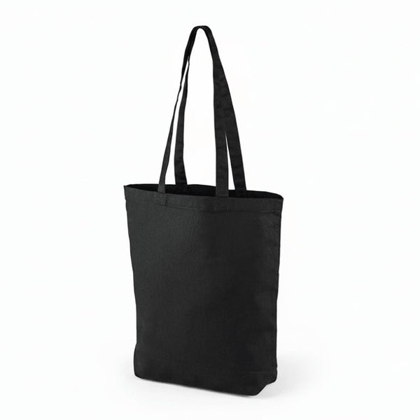 Sort mulepose i bomuld med eget tryk (220 g/m², 38×42 cm, bundkile)