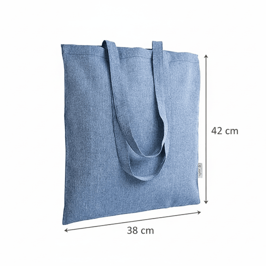 Sininen meleerattu kierrätysmateriaalista valmistettu kangaskassi 38 × 42 cm (140 g/m²) – kuva 2