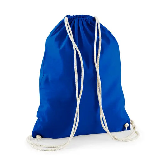 Bright royal blue drawstring cotton gymsac with custom logo print, 140 g/m²