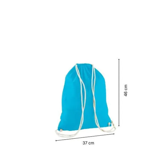 Light surf blue drawstring cotton gymsac with custom print, 37 × 46 cm, shown with height and width measurement markings