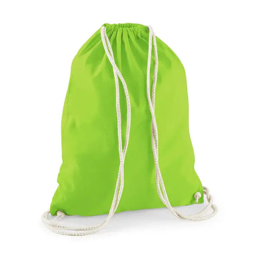 Lime green drawstring cotton gymsac with custom logo print, 140 g/m²