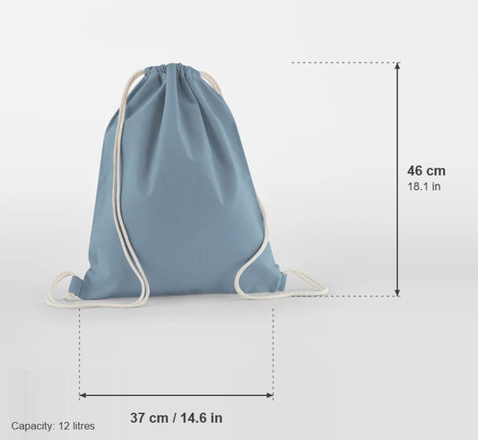 Luomupuuvillainen kiristysnyöripussi, väri Harmaansininen, 140 g/m², mitat: leveys 37 cm, korkeus 46 cm, tilavuus 12 litraa