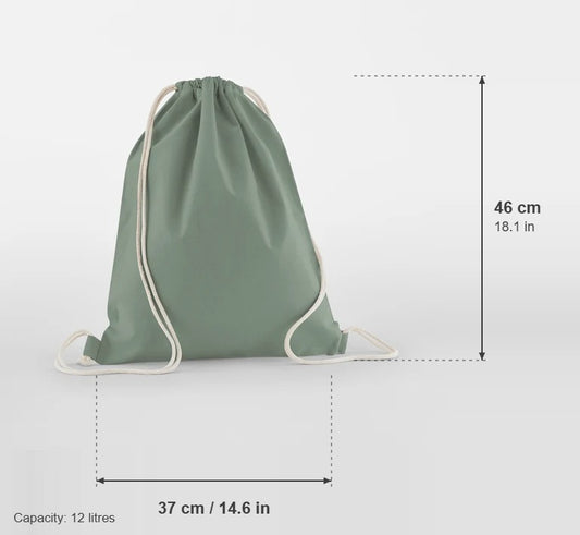 Luomupuuvillainen kiristysnyöripussi, väri Harmaanvihreä, 140 g/m², mitat: leveys 37 cm, korkeus 46 cm, tilavuus 12 litraa