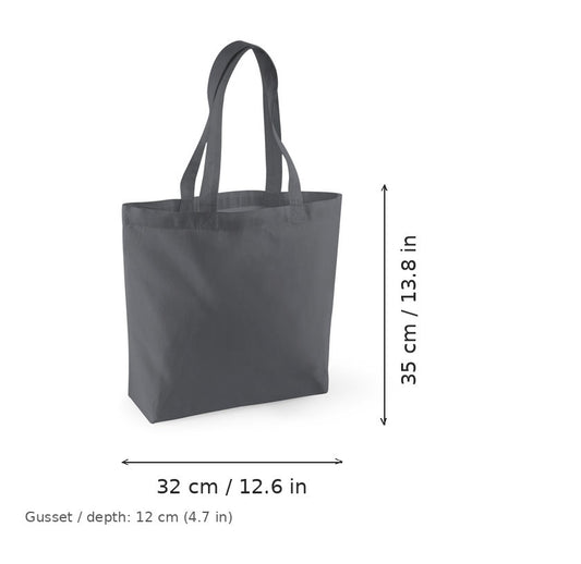 Grafiitinharmaa luomupuuvillakassi pohjapoimulla ja omalla painatuksella, GOTS-sertifioitu, 170 g/m², 32 × 35 cm ja 12 cm:n pohjapoimu, mittakuvassa leveys ja korkeus