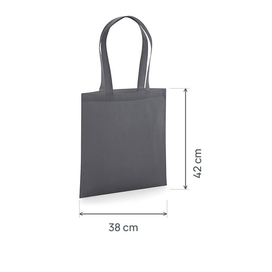 Tote bag en coton bio premium gris graphite certifié GOTS, 200 g/m², 38 × 42 cm, avec cotes de hauteur et de largeur