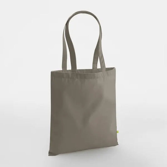 Sienenbeige paksu luomupuuvillainen kangaskassi pitkillä kahvoilla ja omalla logopainatuksella, 340 g/m², 38 × 42 cm