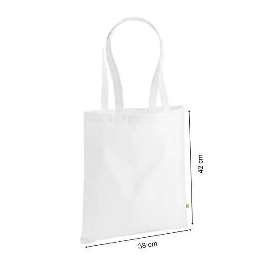 Valkoinen paksu luomupuuvillainen kangaskassi omalla painatuksella, 38 × 42 cm, korkeus- ja leveysmitat merkittynä