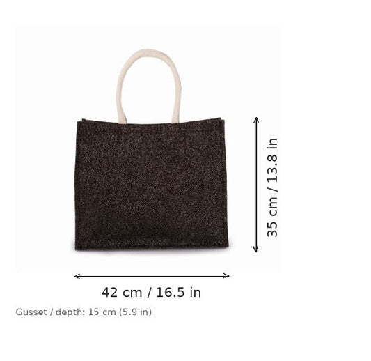 Musta-hopea juuttinen rantalaukku omalla painatuksella, 330 g/m², 42 × 35 cm ja 15 cm:n levike, mittakuvassa leveys ja korkeus