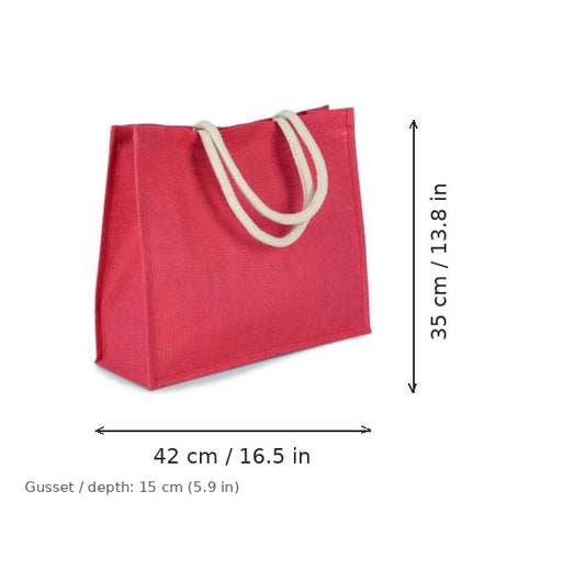 Korallinpunainen juuttinen rantalaukku omalla painatuksella, 330 g/m², 42 × 35 cm ja 15 cm:n levike, mittakuvassa leveys ja korkeus