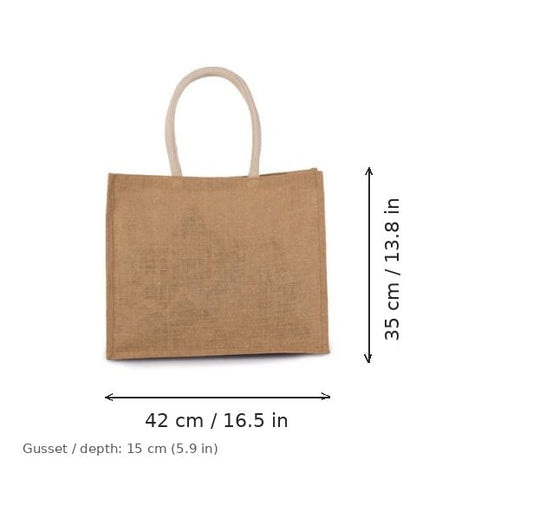 Ekrü ja kulta juuttinen rantalaukku omalla painatuksella, 330 g/m², 42 × 35 cm ja 15 cm:n levike, mittakuvassa leveys ja korkeus