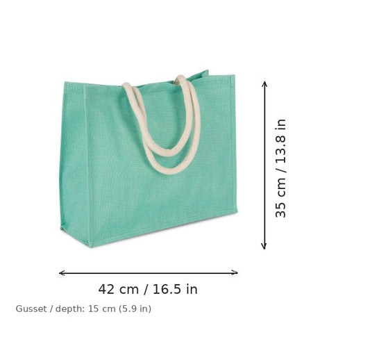 Jäinen minttuvihreä juuttinen rantalaukku omalla painatuksella, 330 g/m², 42 × 35 cm ja 15 cm:n levike, mittakuvassa leveys ja korkeus