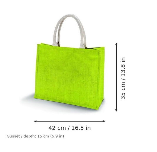 Limenvihreä juuttinen rantalaukku omalla painatuksella, 330 g/m², 42 × 35 cm ja 15 cm:n levike, mittakuvassa leveys ja korkeus