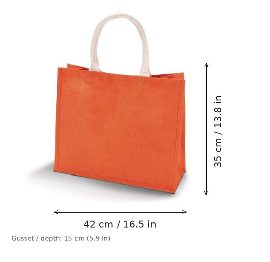 Sahraminoranssi juuttinen rantalaukku omalla painatuksella, 330 g/m², 42 × 35 cm ja 15 cm:n levike, mittakuvassa leveys ja korkeus