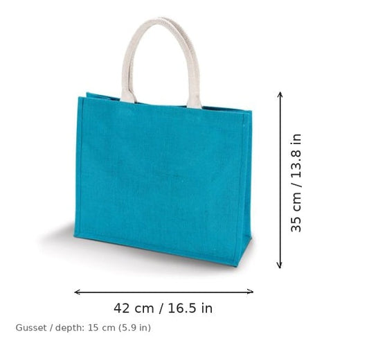 Turkoosinsininen juuttinen rantalaukku omalla painatuksella, 330 g/m², 42 × 35 cm ja 15 cm:n levike, mittakuvassa leveys ja korkeus
