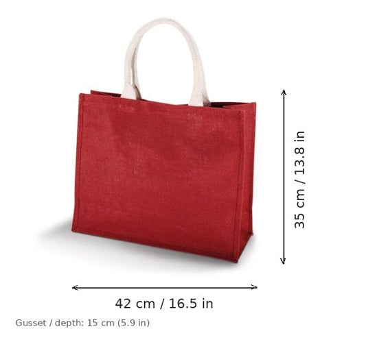 Viininpunainen juuttinen rantalaukku omalla painatuksella, 330 g/m², 42 × 35 cm ja 15 cm:n levike, mittakuvassa leveys ja korkeus