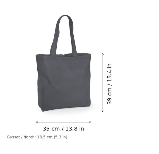 Bolsa de algodón grande con fuelle en gris grafito con estampado personalizado, 140 g/m², 35 × 39 cm con fuelle de 13.5 cm, con medidas de ancho y alto