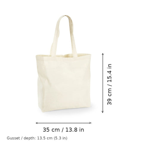 Grand tote bag à soufflet en coton blanc naturel avec impression logo, 140 g/m², 35 × 39 cm avec soufflet de 13,5 cm, avec dimensions de largeur et de hauteur