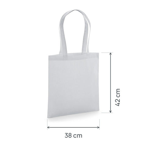 Tote bag en coton bio premium gris clair certifié GOTS, 200 g/m², 38 × 42 cm, avec cotes de hauteur et de largeur