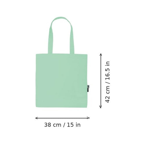 Vaalea minttuvihreä kevyt kangaskassi luomupuuvillasta logopainatuksella, 120 g/m², 38 × 42 cm, mittakuvassa leveys ja korkeus