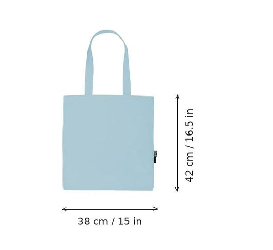 Vaaleansininen kevyt kangaskassi luomupuuvillasta logopainatuksella, 120 g/m², 38 × 42 cm, mittakuvassa leveys ja korkeus
