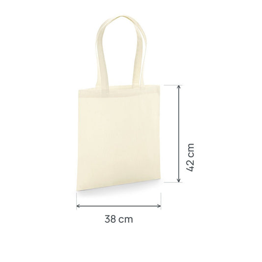 Tote bag en coton bio premium naturel certifié GOTS, 200 g/m², 38 × 42 cm, avec cotes de hauteur et de largeur
