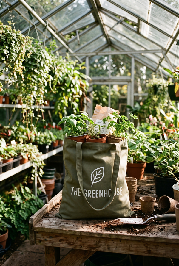 Tote bag personnalisé vert olive avec le logo d'une jardinerie sur une table de rempotage dans une serre