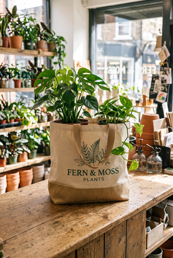 Tote bag personnalisé en jute et toile avec le logo d'une boutique de plantes, rempli de plantes d'intérieur en pot sur un comptoir