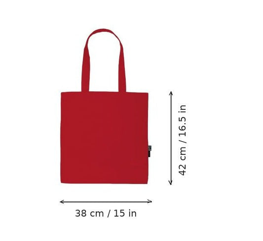 Punainen kevyt kangaskassi luomupuuvillasta logopainatuksella, 120 g/m², 38 × 42 cm, mittakuvassa leveys ja korkeus