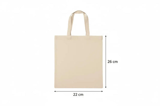 Natural white small cotton tote bag with custom print, 22 × 26 cm, shown with height and width measurement markings