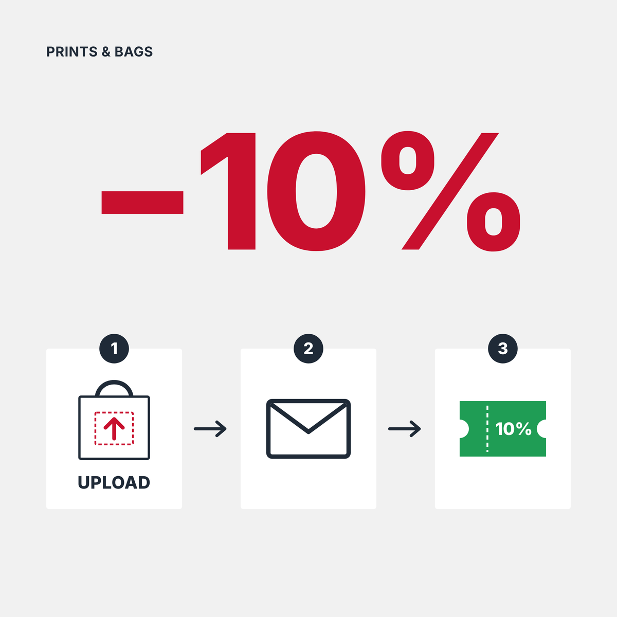 Upload your logo or design on the product page, leave your email and get a 10% discount code for your custom printed bag order at Prints & Bags