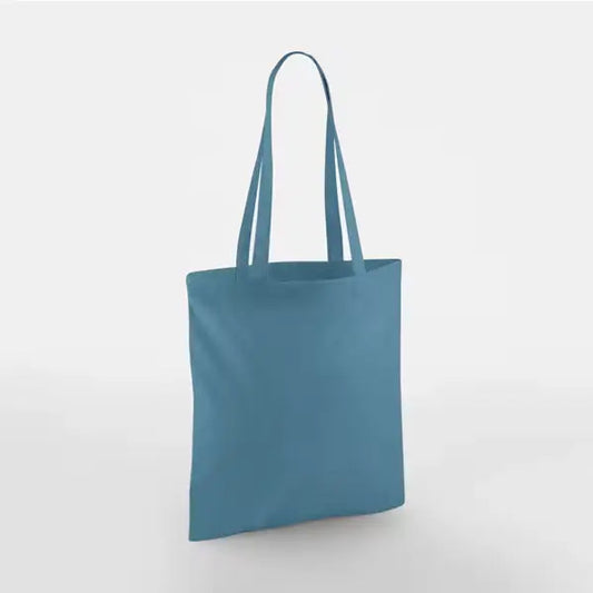 Harmaansininen klassinen puuvillainen kangaskassi pitkillä kahvoilla ja omalla logopainatuksella, 140 g/m², 38 × 42 cm