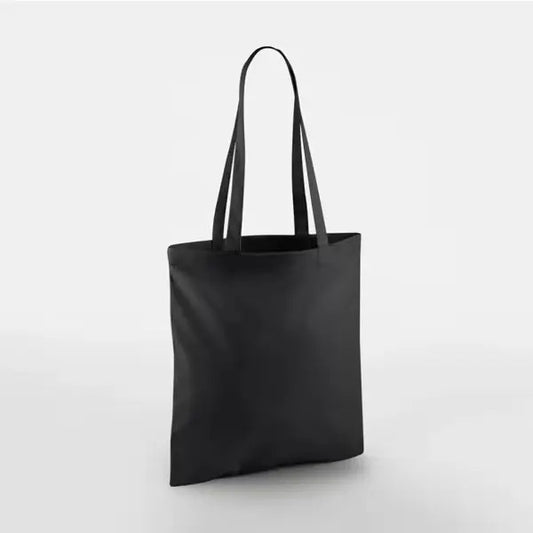 Musta klassinen puuvillainen kangaskassi pitkillä kahvoilla ja omalla logopainatuksella, 140 g/m², 38 × 42 cm