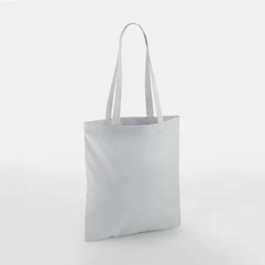 Vaaleanharmaa klassinen puuvillainen kangaskassi pitkillä kahvoilla ja omalla logopainatuksella, 140 g/m², 38 × 42 cm