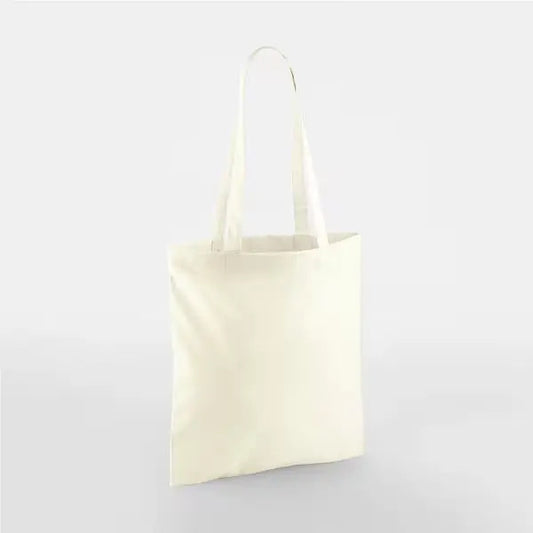 Luonnonvalkoinen klassinen puuvillainen kangaskassi pitkillä kahvoilla ja omalla logopainatuksella, 140 g/m², 38 × 42 cm