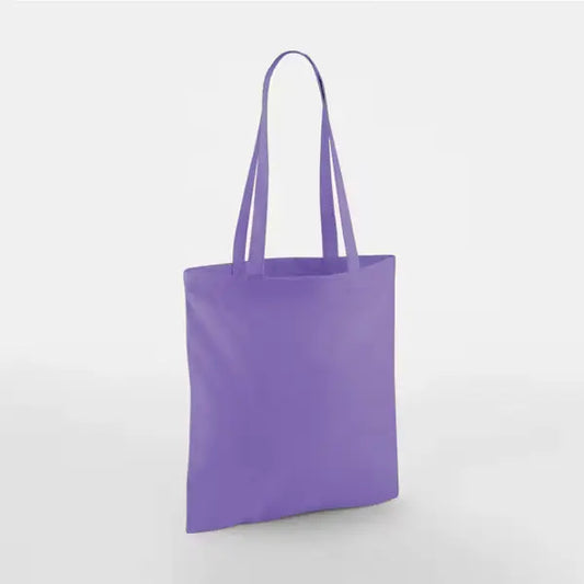 Violetti klassinen puuvillainen kangaskassi pitkillä kahvoilla ja omalla logopainatuksella, 140 g/m², 38 × 42 cm
