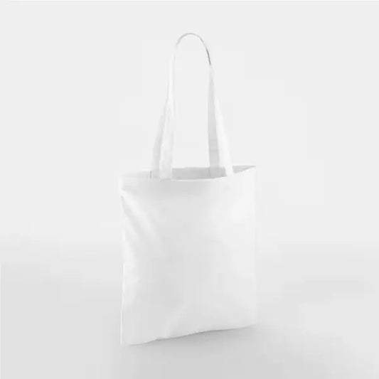Valkoinen klassinen puuvillainen kangaskassi pitkillä kahvoilla ja omalla logopainatuksella, 140 g/m², 38 × 42 cm