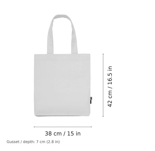 Hvid mulepose i økologisk twill med eget tryk, 210 g/m², 38 × 42 cm med 7 cm kile, vist med mål for bredde og højde