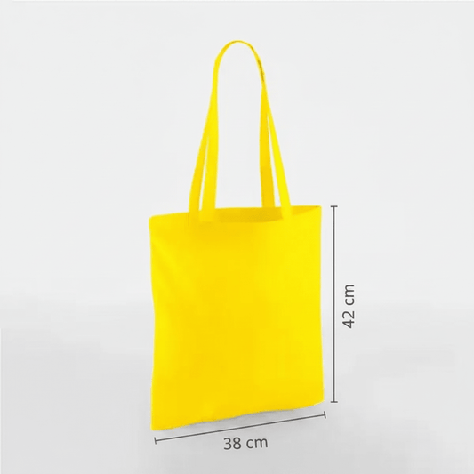 Keltainen kangaskassi pitkillä kahvoilla ja omalla painatuksella, 38 × 42 cm, korkeus- ja leveysmitat merkittynä