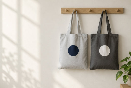 Light grey and graphite grey tote bags with custom print