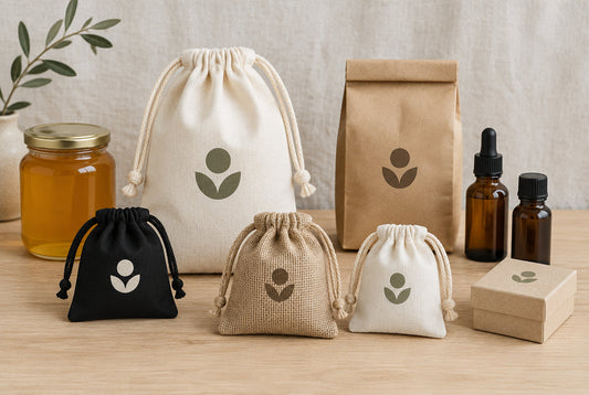 Printed cotton and jute drawstring pouches used as packaging for honey, coffee, cosmetics and jewellery