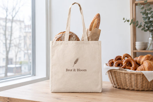Natural cotton tote bag with a wheat logo print holding bread on a bakery counter next to pretzels and croissants