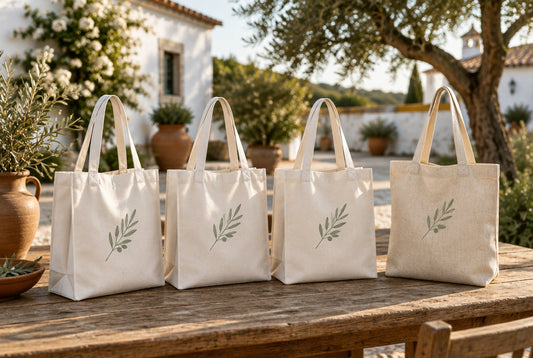 Natural white cotton tote bags with a printed olive branch on a table at a quinta in Portugal