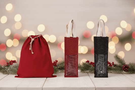 Custom printed cotton tote bags in festive red, green and natural, grouped as the Christmas range