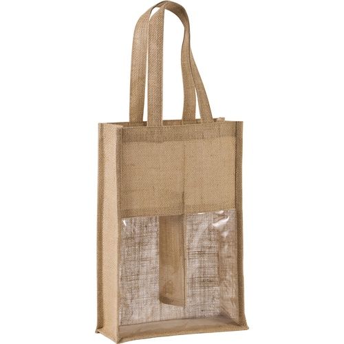 Natural jute wine bag for two bottles with a printed logo, ready for Christmas gifting