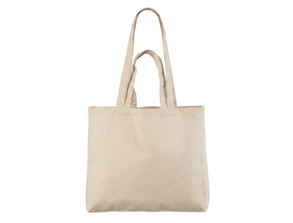 Tote bag personnalisé en coton naturel horizontal et épais, à double anses avec impression de logo, 340 g/m², 38 × 42 cm, soufflets latéraux et de fond