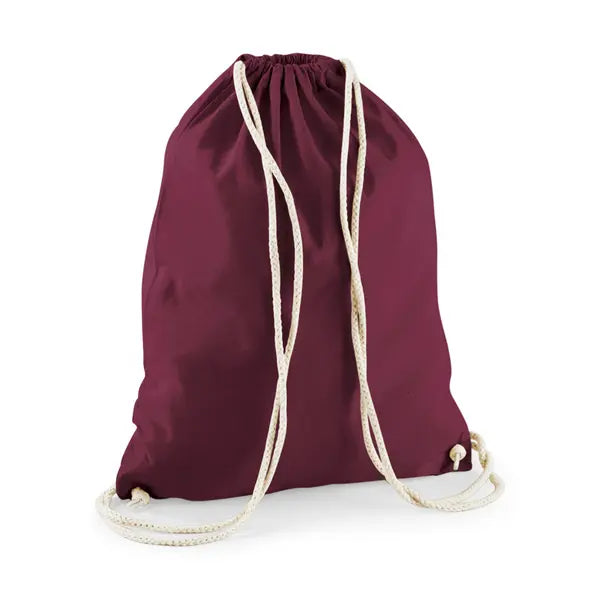 Burgundy red drawstring cotton gymsac with custom logo print, 140 g/m²
